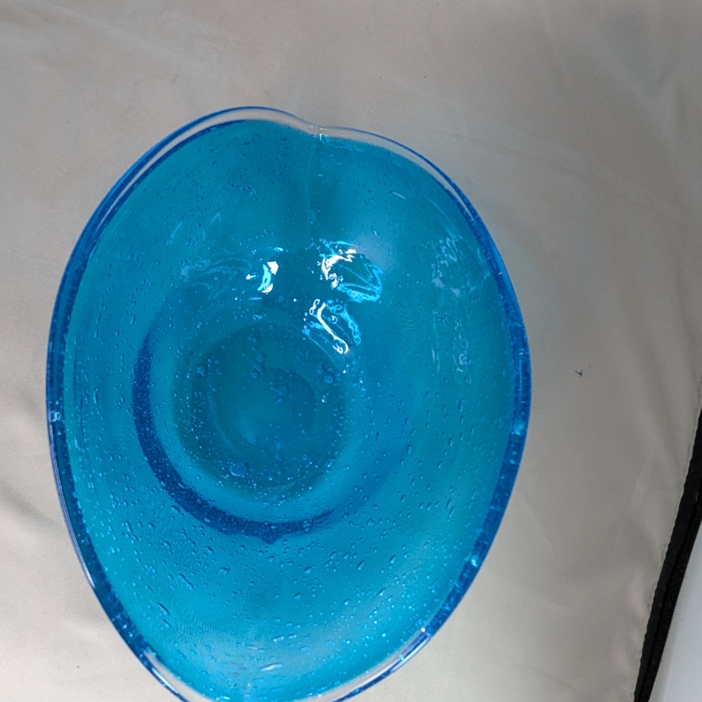 Vtg Blue Bubbled Glass Bowl Art Oblong Candy Dish Flower Vase Fruit Bowl - Picture 7 of 16